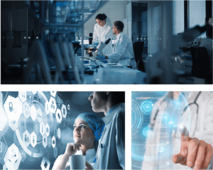 Collage of images portraying clinicians and lab technicians interacting with health data
